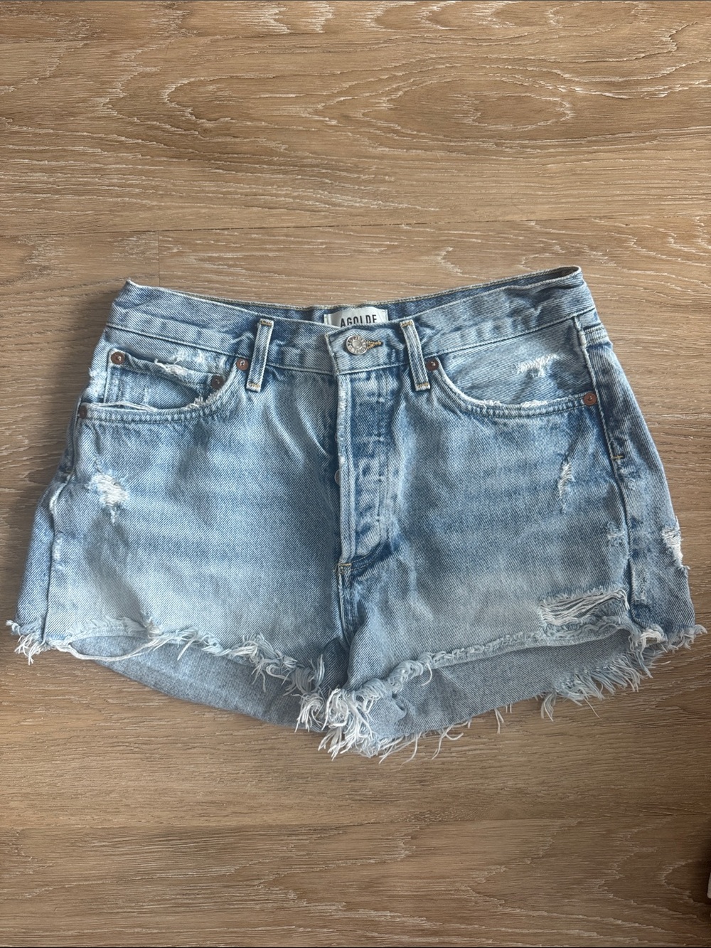 Agolde Parker Vintage Cut Off Shorts in Swapmeet Light Wash Distressed Denim